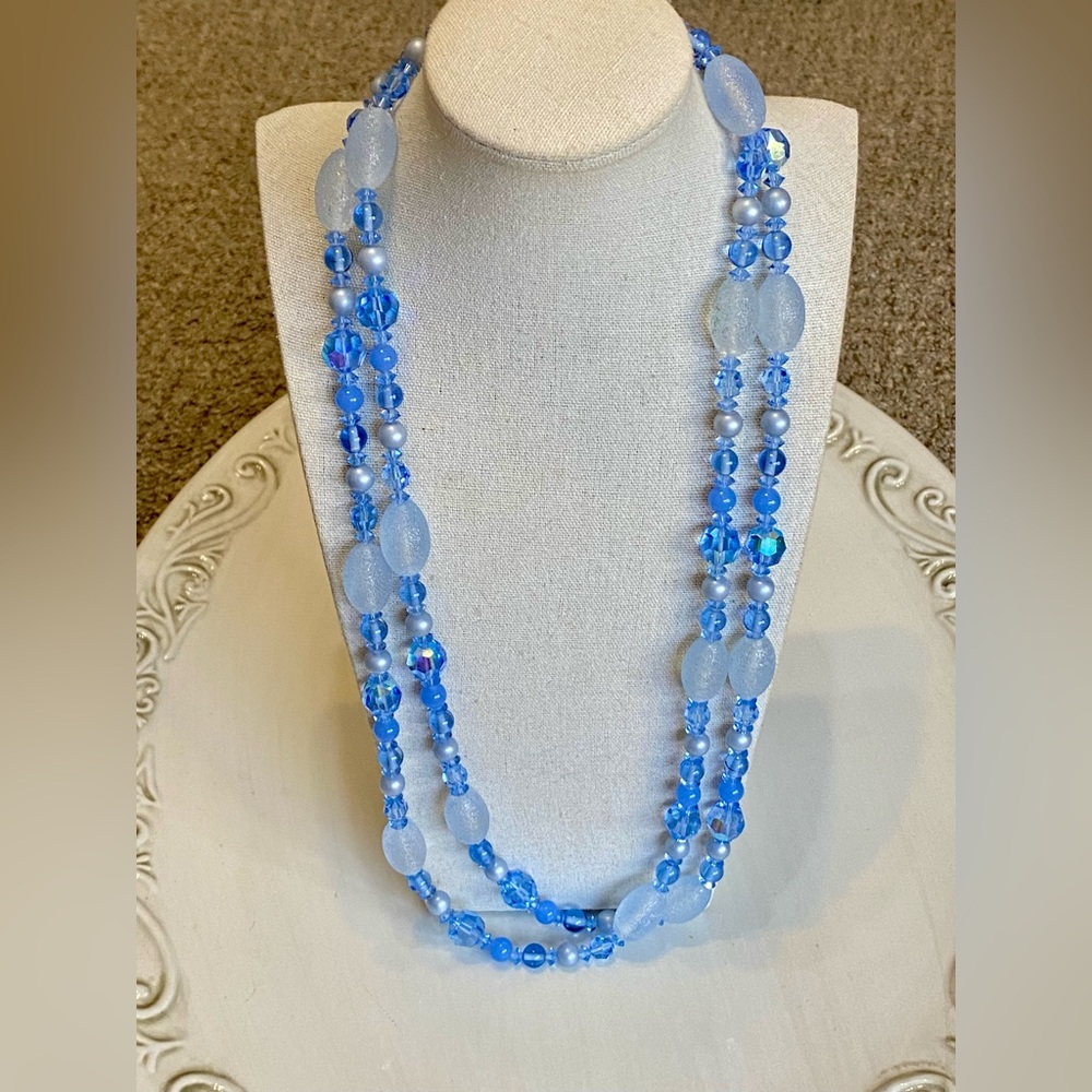 Vintage Blue Glass Crystal Bead Necklace
